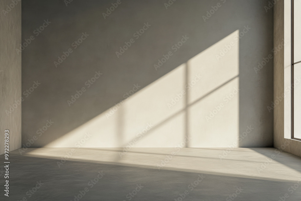 Empty room with a window providing natural lighting and casting shadows. Minimal residential interiors. Empty room with a window providing natural lighting and casting shadows. Minimal residential interiors.