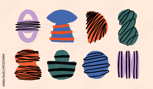 Colorful Abstract Geometric Shapes with Hand-Drawn Lines and Bold Patterns. A vibrant illustration abstract geometric shapes. Ideal for modern design and artistic projects.