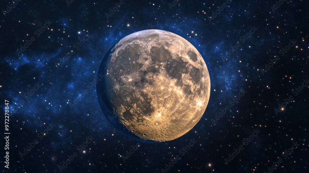 A detailed view of the moon set against a starry space background. A detailed view of the moon set against a starry space background.