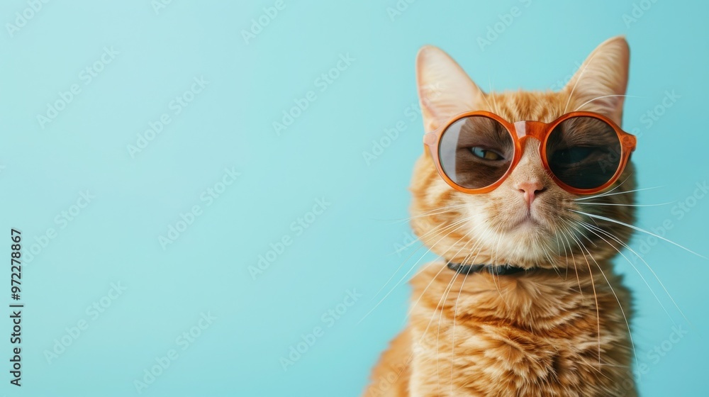 Fototapeta premium A ginger cat wearing sunglasses against a blue background