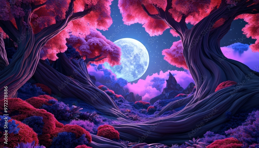 Fototapeta premium A whimsical forest filled with enormous, twisted trees, where colorful plants and vines glow softly in the moonlight, creating a dreamlike atmosphere