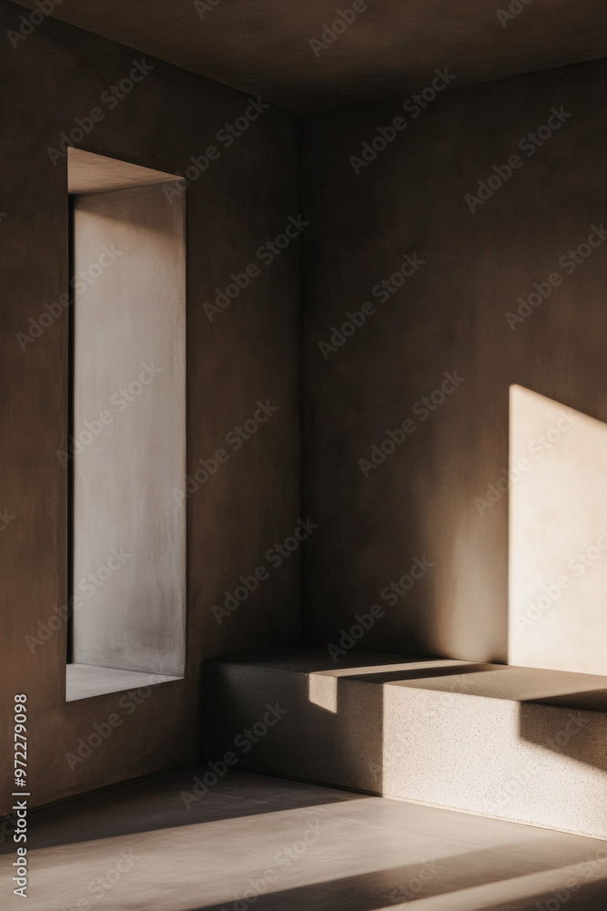 Empty room with a window providing natural lighting and casting shadows. Minimal residential interiors. Empty room with a window providing natural lighting and casting shadows. Minimal residential interiors.