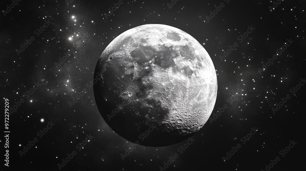 A detailed view of the moon surrounded by stars in a cosmic setting. A detailed view of the moon surrounded by stars in a cosmic setting.
