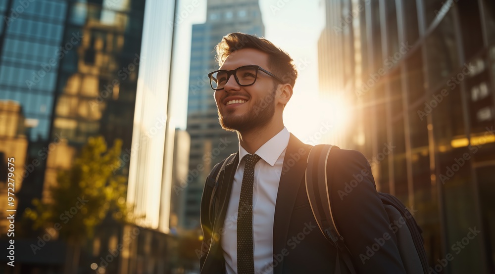 Smiling Young Businessman in Suit with Backpack Walking in City, Sunlit Skyscrapers Smiling Young Businessman in Suit with Backpack Walking in City, Sunlit Skyscrapers
