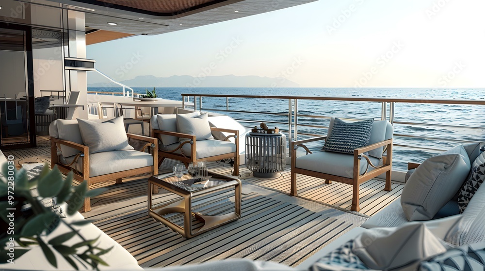 Luxury Yacht Deck with Ocean View and Modern Furniture Luxury Yacht Deck with Ocean View and Modern Furniture