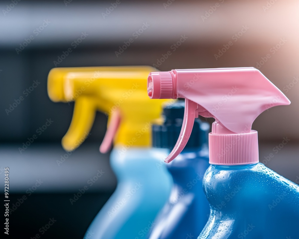 Close-Up of Various Cleaning Solutions in Spray Bottles. Highlighting the Diverse Range of Products Used for Different Cleaning Purposes and Their Essential Role in Home Maintenance. Close-Up of Various Cleaning Solutions in Spray Bottles. Highlighting the Diverse Range of Products Used for Different Cleaning Purposes and Their Essential Role in Home Maintenance.