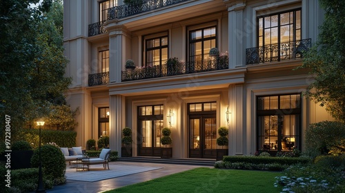 A View of a Large Elegant Home's Backyard at Dusk