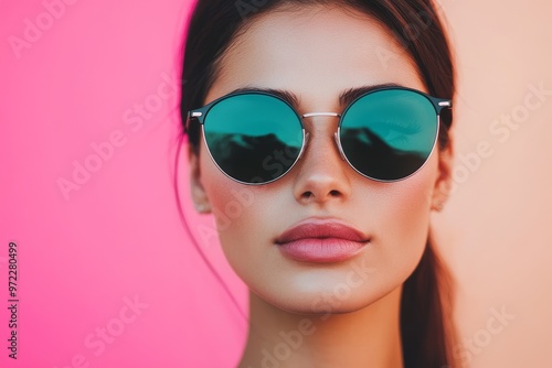 Close-Up Portrait of a Hispanic Woman Wearing Trendy Sunglasses. Exuding Confidence and Individuality with a Bold Fashion Statement and Distinctive Style