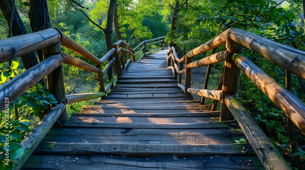 Wooden Bridge Leading Through a Lush Forest Wooden Bridge Leading Through a Lush Forest