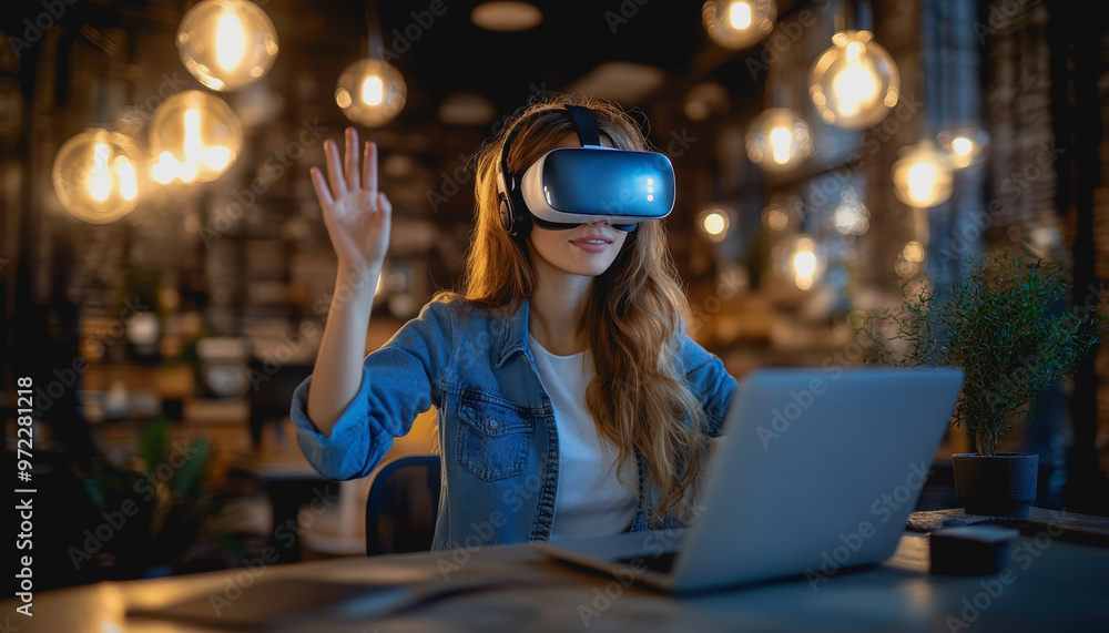 Woman using VR headset in modern office, interacting with virtual environment and laptop Woman using VR headset in modern office, interacting with virtual environment and laptop