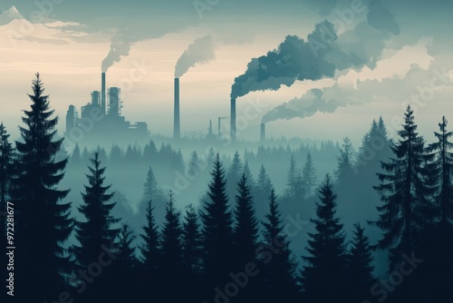 Pine forest covered in factory smoke, with the sky darkened by pollution. The composition highlights the impact of industrialization on nature. photo