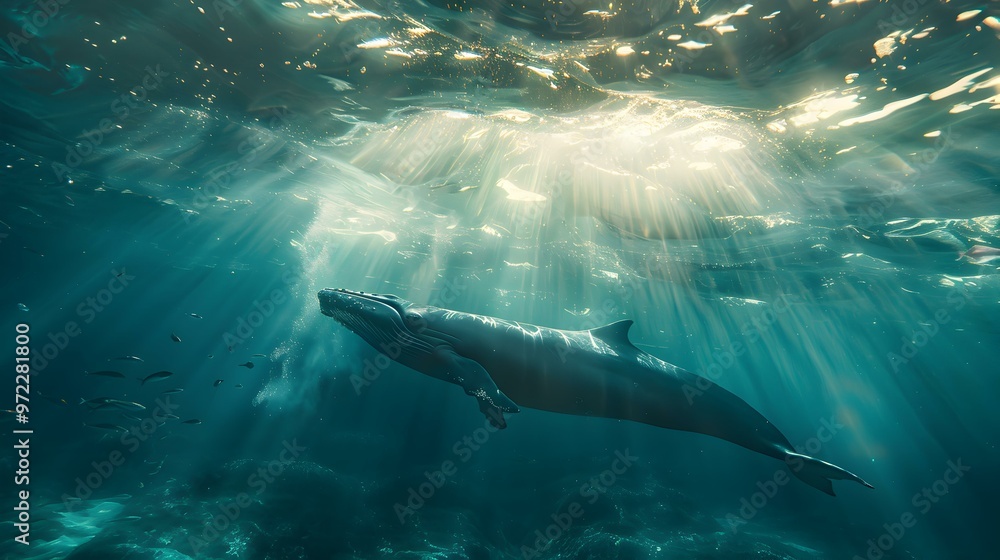 Fototapeta premium Humpback Whale Swimming Through Sunlit Ocean