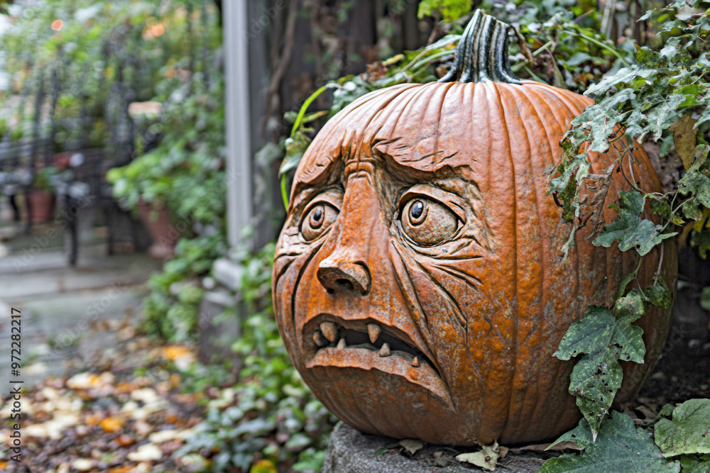 Obraz premium Carved pumpkin face on the outdoor, vegetable carving. Halloween concept.