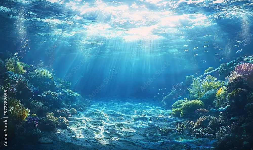 an underwater coral reef scene, with sunlight streaming through the water, illuminating the vibrant corals, rocks, and marine life an underwater coral reef scene, with sunlight streaming through the water, illuminating the vibrant corals, rocks, and marine life