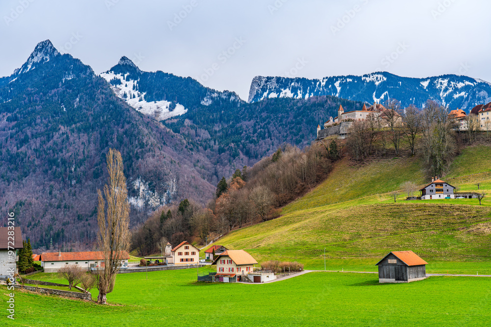 Panoramic view on Alps near Gruyeres castle