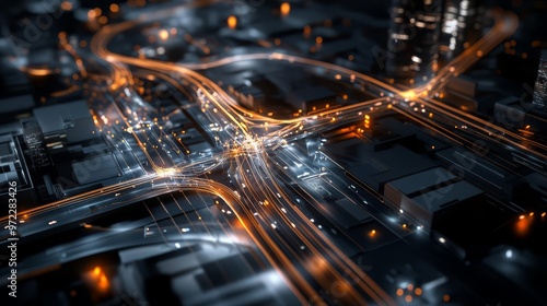 A digital city map with AI-powered traffic management, showing optimized routes with glowing paths