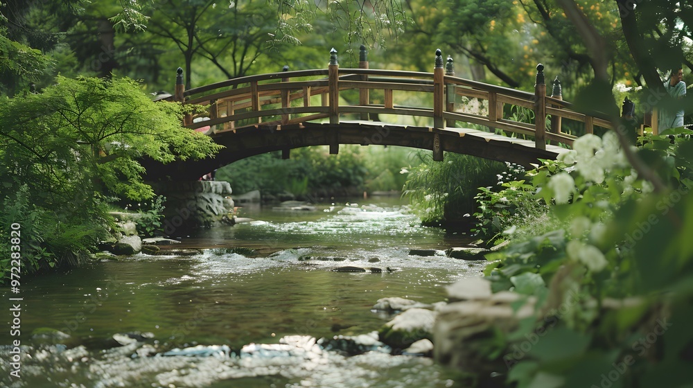 Serene Landscape Wooden Bridge Over Flowing Stream in Lush Garden Serene Landscape Wooden Bridge Over Flowing Stream in Lush Garden
