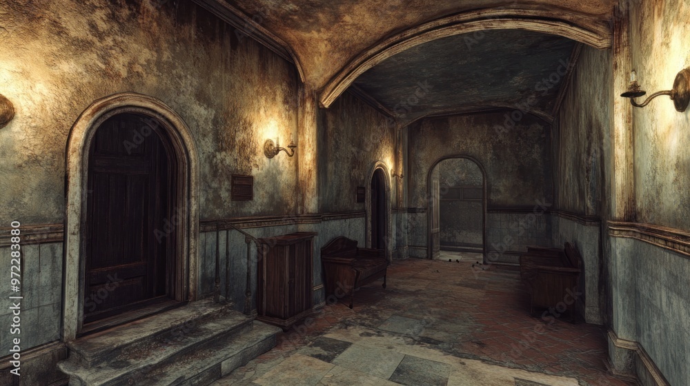 A dimly lit, weathered hallway with doors and old furnishings.