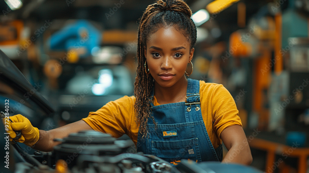 A confident woman mechanic working on a car engine in a vibrant garage, showcasing skill and determination in her craft. A confident woman mechanic working on a car engine in a vibrant garage, showcasing skill and determination in her craft.