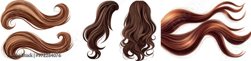 An actual set of realistic 3d modern wig tail curly samples of brown long waved woman hair strand locks. photo