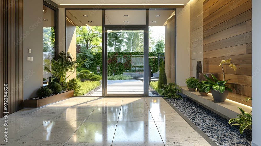 Obraz premium Modern House Entrance with Garden View and Minimalist Design