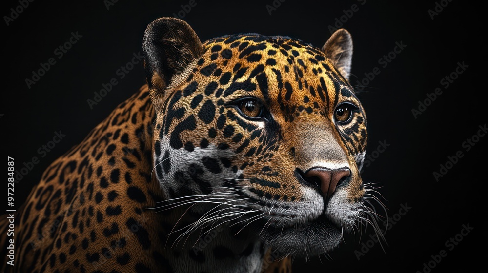 Naklejka premium A close-up of a majestic jaguar, showcasing its vibrant spotted coat and intense gaze against a dark background.