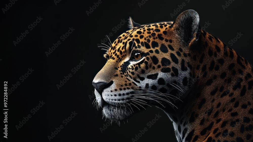 Fototapeta premium A majestic jaguar in profile, showcasing its mesmerizing coat of spots against a dark background.