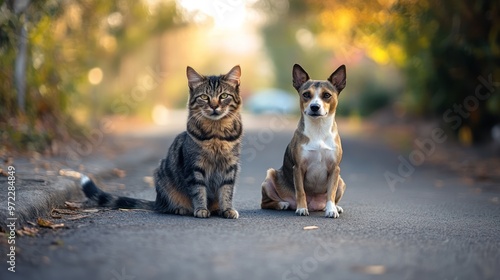 A playful tabby cat and a curious dog sitting together on a quiet, tree-lined road during a golden hour light.