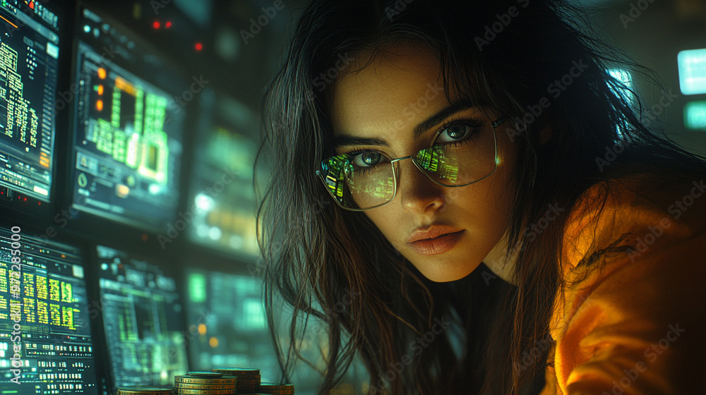 A focused individual working in a high-tech environment, surrounded by screens and advanced technology. A focused individual working in a high-tech environment, surrounded by screens and advanced technology.