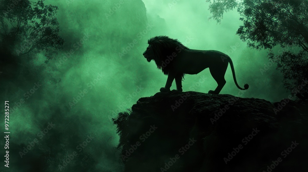 A majestic silhouette of a lion perched on a rocky outcrop, surrounded by ethereal green mist. A majestic silhouette of a lion perched on a rocky outcrop, surrounded by ethereal green mist.