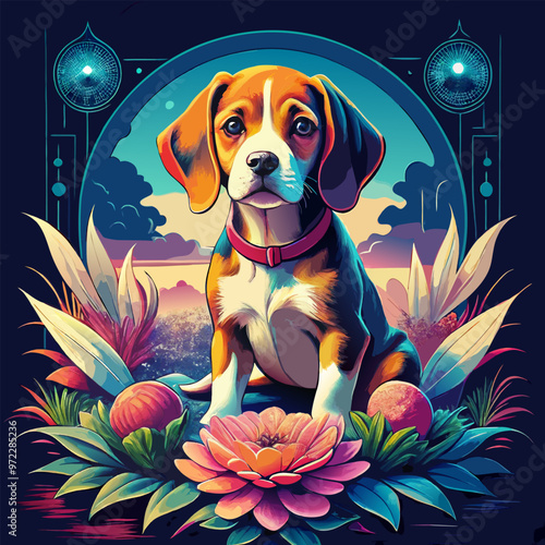 a striking t-shirt design featuring a vibrant, beagle puppy standing among a field of neon-colored