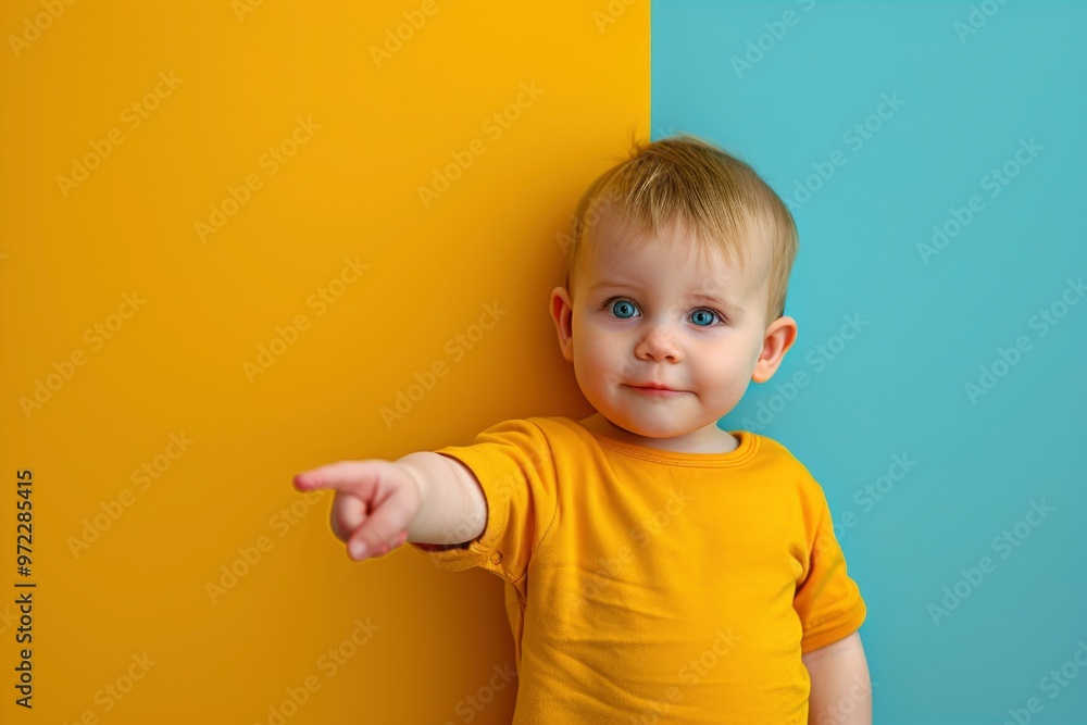 A close-up of a cute baby boy with blonde hair wearing a yellow shirt, pointing with his finger while looking directly at the camera. A close-up of a cute baby boy with blonde hair wearing a yellow shirt, pointing with his finger while looking directly at the camera.