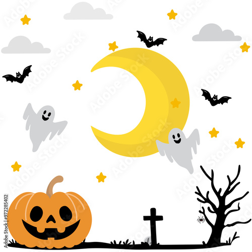 Spooky Halloween theme: eerie pumpkins, haunted houses, creepy ghosts, and dark, moonlit skies. Perfect for seasonal designs, invitations, and festive promotions.