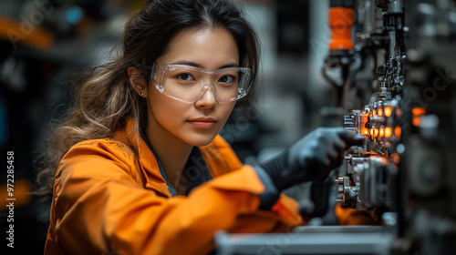 A focused young woman in an orange jumpsuit works on machinery, showcasing a blend of technology and skill in an industrial setting.