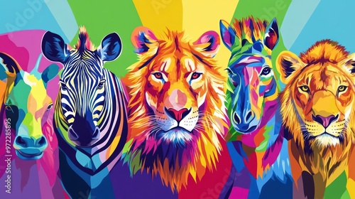 Vibrant and colorful illustration of a lion, zebra, and other animals, showcasing a lively, artistic style.