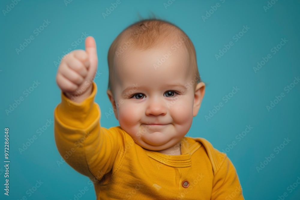 A close-up portrait of a smiling baby wearing a yellow onesie against a blue background, giving a thumbs up. A close-up portrait of a smiling baby wearing a yellow onesie against a blue background, giving a thumbs up.