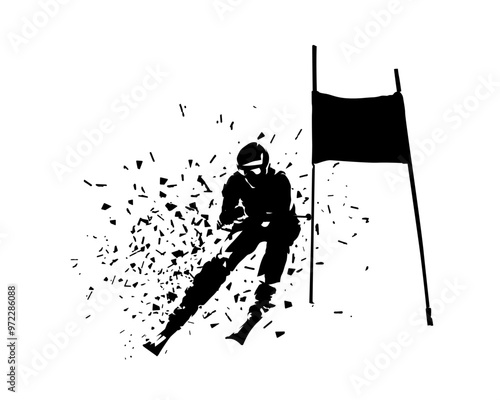 Downhill skier, alpine skiing, ski racer, abstract isolated vector silhouette, ink drawing