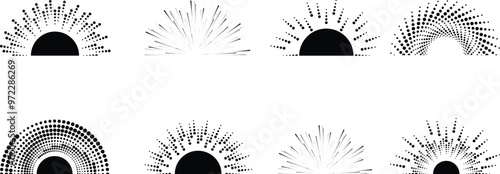 Sunset icons and logos with halftone dots .Trendy design half circle elements  . Contemporary abstract vector design with dotted semi circles .Set of half sun symbols . collection of half tones .