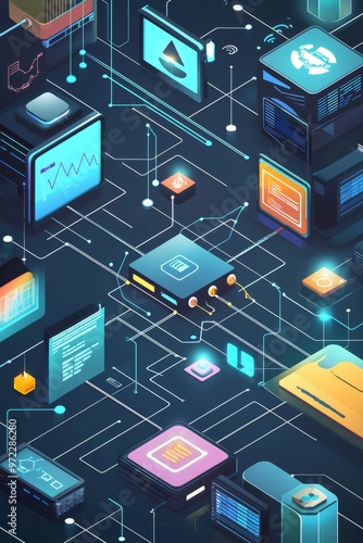 A visualization of cross-platform integration showing various software and hardware systems working together. The scene features a central interface connecting multiple devices, Generative AI