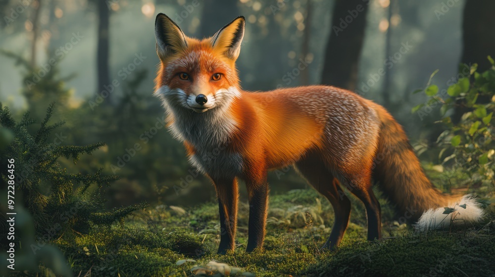 A vivid red fox stands gracefully in a lush forest, showcasing its striking orange fur and alert expression. A vivid red fox stands gracefully in a lush forest, showcasing its striking orange fur and alert expression.