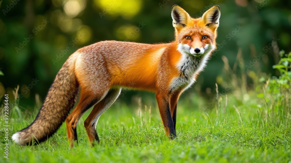 Obraz premium A majestic red fox stands gracefully in a lush green meadow, showcasing its vibrant fur and alert demeanor.