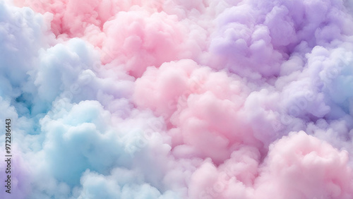 Pastel Fluffy Fantasy Clouds Cotton Candy Abstract Background, Delicate Blend of Pink, Blue, White. Smooth Airy Ethereal Texture Backdrop, Wallpaper, PowerPoint, Wall Art.