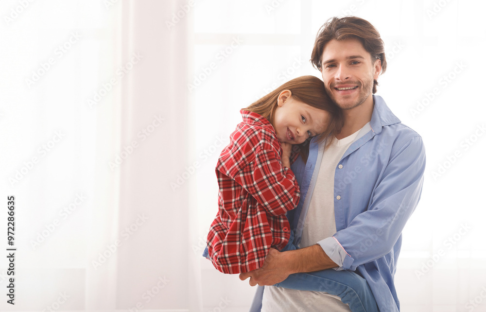 Daddy and little preschool girl bonding over white background, fatherhood concept, free space Daddy and little preschool girl bonding over white background, fatherhood concept, free space