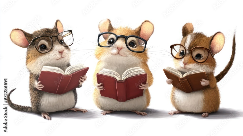 Three adorable cartoon hamsters wearing glasses, reading books, showcasing curiosity and cuteness. Three adorable cartoon hamsters wearing glasses, reading books, showcasing curiosity and cuteness.