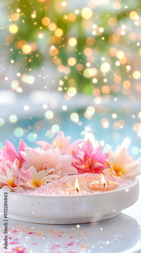 A tranquil spa setting with floating candles and pink flowers exudes peace, relaxation, and luxury, ideal for wellness or beauty concepts. A tranquil spa setting with floating candles and pink flowers exudes peace, relaxation, and luxury, ideal for wellness or beauty concepts.