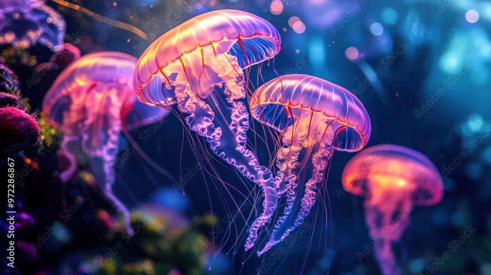 Naklejka premium A serene underwater scene featuring colorful jellyfish gracefully swimming in a vibrant ocean.