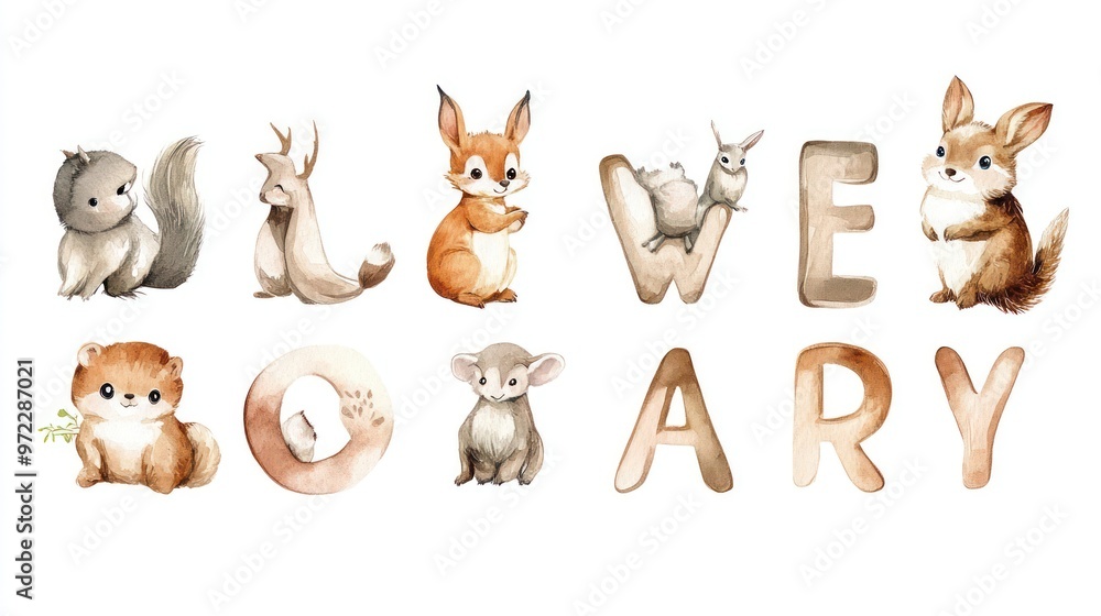 Naklejka premium Charming watercolor illustration of woodland animals, including a fox and a rabbit, with playful letters spelling 'Weary'.