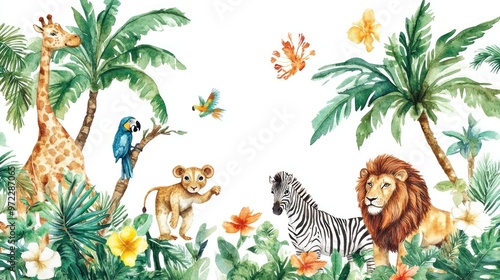 Wallpaper Mural A vibrant jungle scene featuring a giraffe, lion, zebra, parrot, and a playful lion cub surrounded by lush greenery. Torontodigital.ca