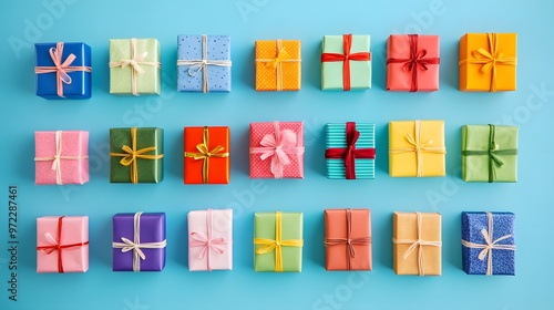 A wall of colorful gift boxes with ribbons on a blue background, top view, flat lay.
