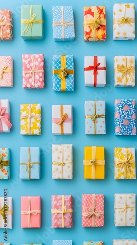 A wall of colorful gift boxes with ribbons on a blue background, top view, flat lay.